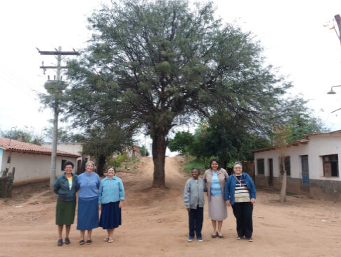 Seis integrantes da Comunidade Intercongregacional em Tiguipa Estácion, na Bolívia, em uma estrada de terra.