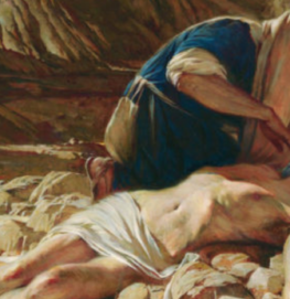 Um homem segura outro em seus braços, simbolizando a Parábola do Bom Samaritano.
